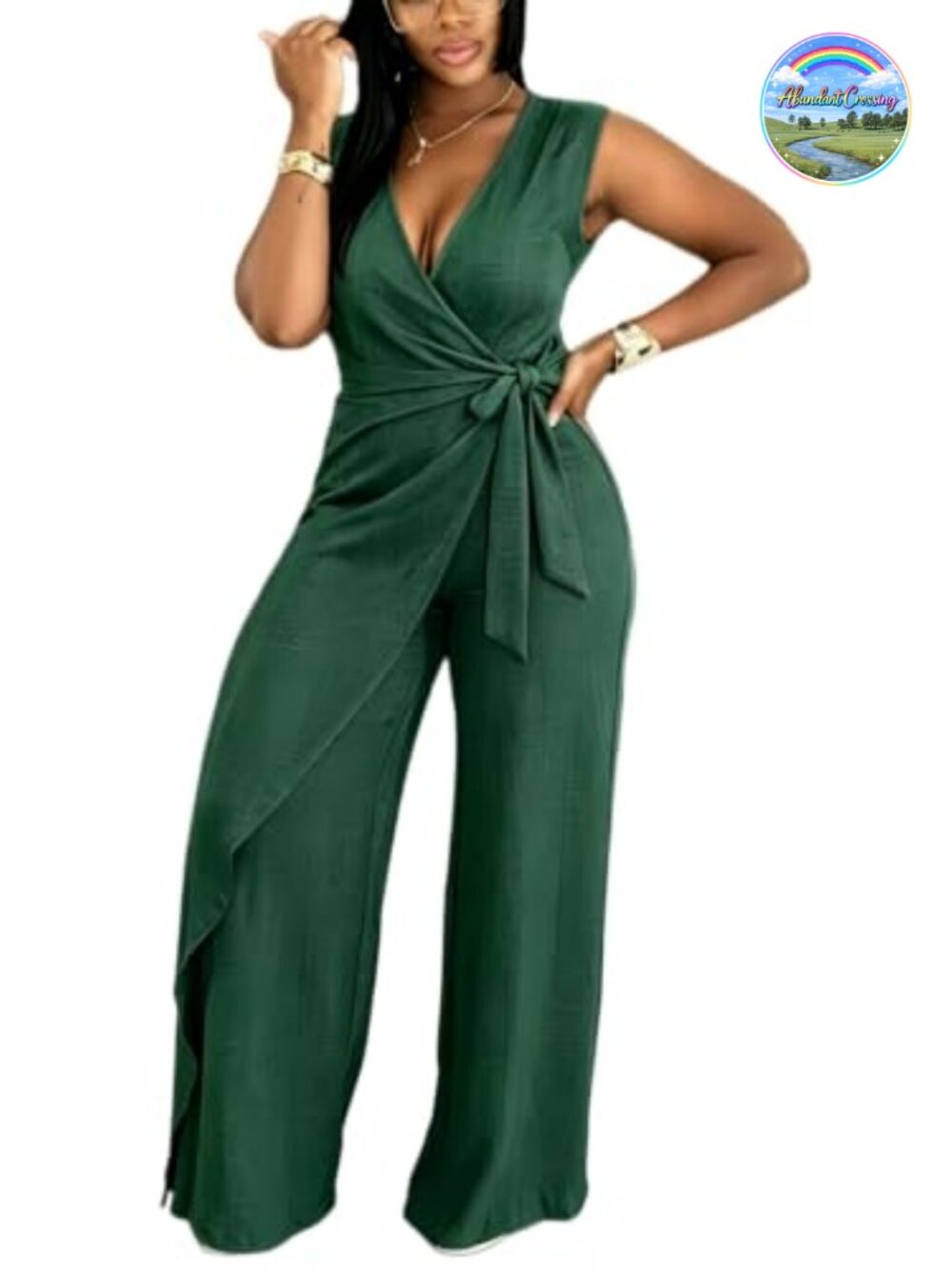 Women's Sleeveless V-Neck Wide Leg Jumpsuit with Tie Waist